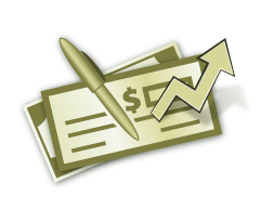 Green Checkbook with pen and investment arrow icon